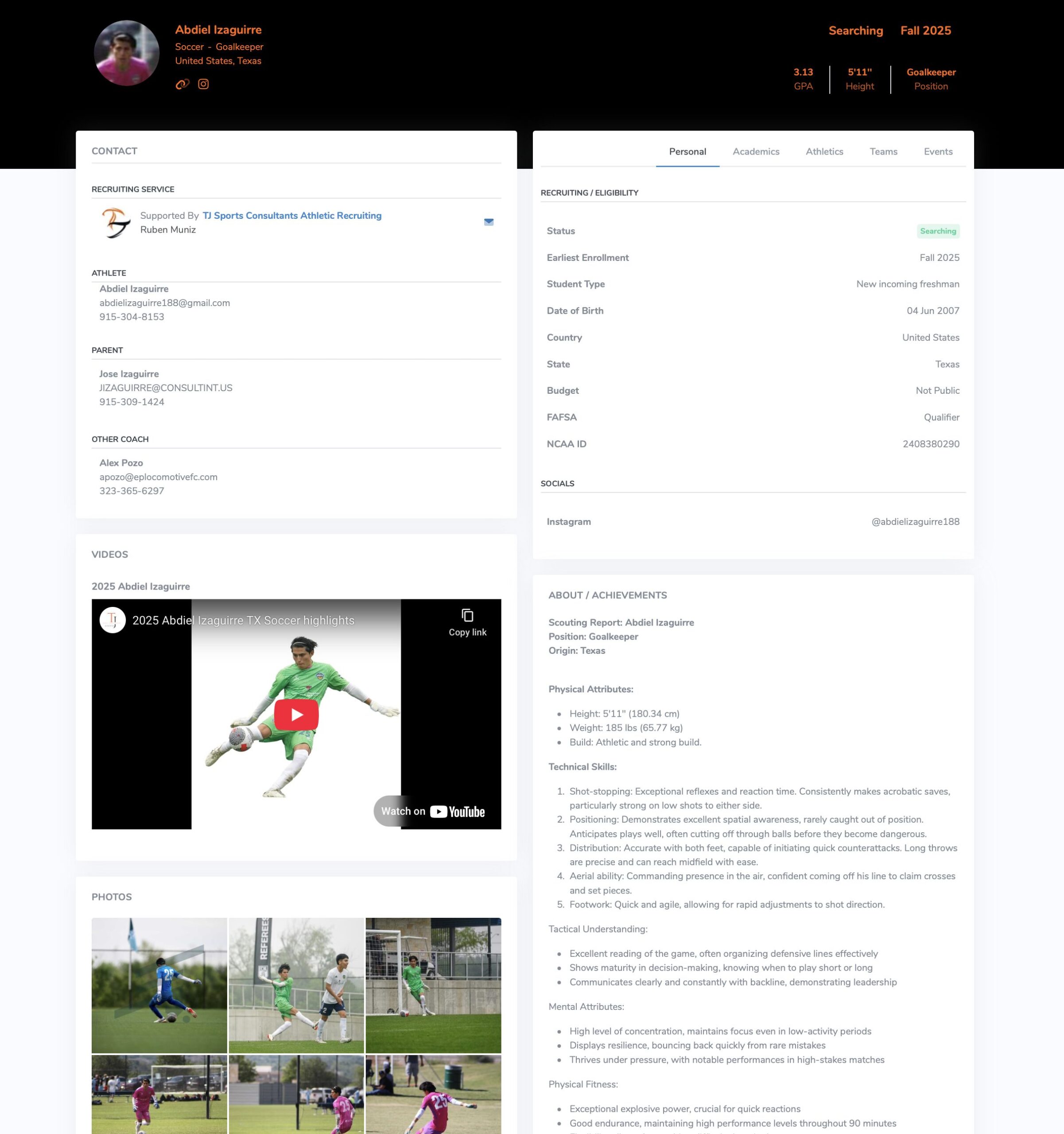 State of the Art AI Athletic Recruiting Platform/Athlete Profile